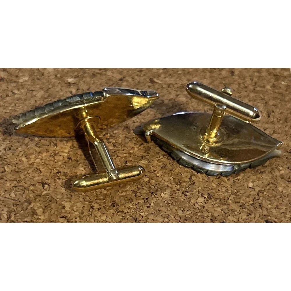 Vintage Shields Mid Century Carved Abalone Shell Wing Cuff Links MCM Gold Tone